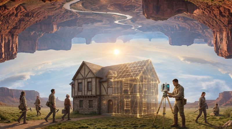 A stone townhouse being carried into the inner world, half solid and half a lattice of light, a surveyor scanning it.