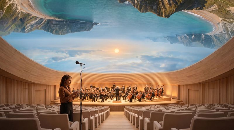 A concert hall open to the inner sky, an orchestra rehearsing and an acoustic engineer measuring in the empty seats.