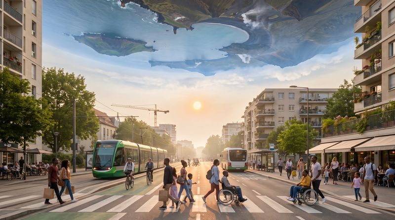 A green city street at evening: a tram, cyclists in their lane, cafes under trees, people of all ages crossing, one in a wheelchair.