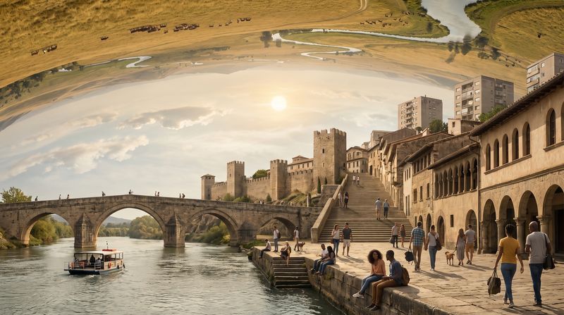 An old river city built up over centuries on one hillside, from an ancient stone bridge to modern buildings, people of today on the stairway.