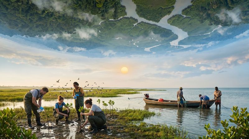 Scientists taking water samples and planting mangroves in a wetland at dawn in the inner world.