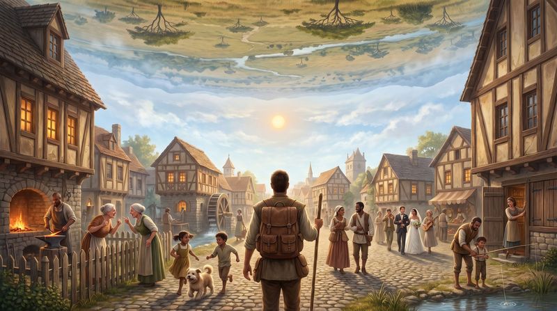 A traveller arriving at a market town where every resident is in the middle of their own life: a blacksmith, neighbours at a fence, children with a dog, a wedding crossing the square.