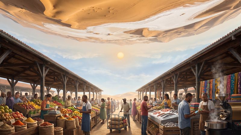 A great covered market hall: traders weighing fruit and spices, shoppers paying with cash and phones, a porter with a loaded trolley.