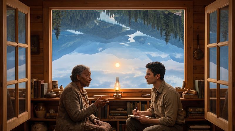 An elderly woman telling her story to a young man taking notes, in a wooden room open to the inner world.