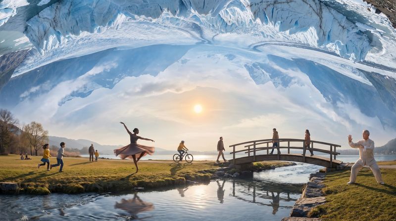 People moving in a riverside park in the inner world: a dancer mid-turn, children running, a cyclist, tai chi.