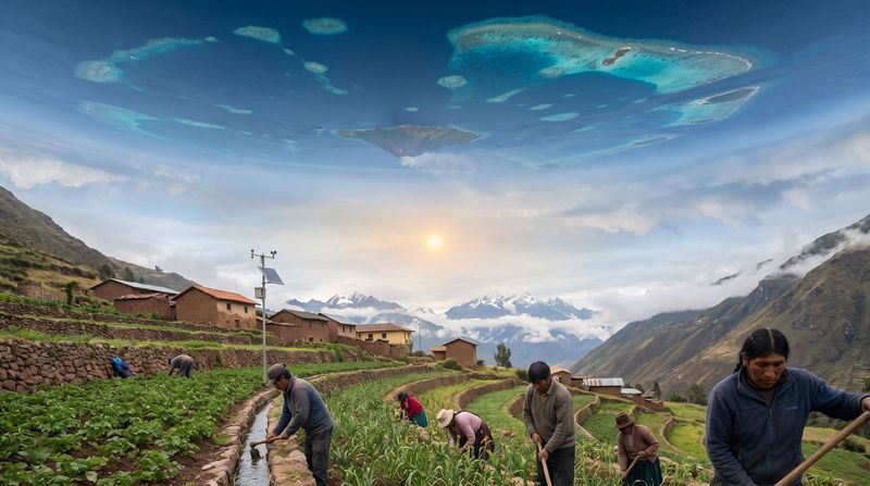 Restored stone terraces of potatoes, maize and quinoa curving down an Andean valley in early light, farmers at work, snow peaks above.