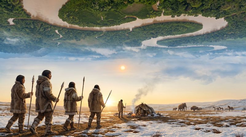 People in sewn furs walking home across a snow-dusted steppe at sunset towards a camp fire, mammoths far off on the plain.