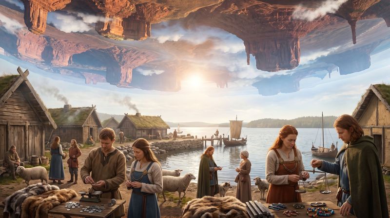 The Norse trading town of Birka: turf-roofed houses, a timber jetty, traders weighing silver beside furs and glass beads.