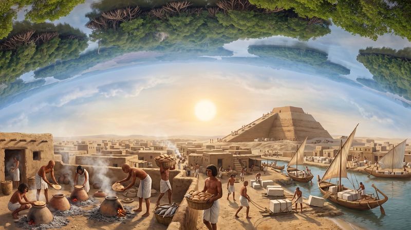 The pyramid builders' town at Giza: mudbrick bakeries with smoke rising, workers in linen kilts, a boat unloading limestone, the unfinished pyramid behind.