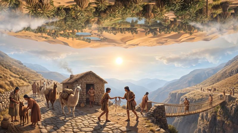 An Inca stone road climbing a dry valley to a rope bridge, a relay hut and a llama caravan.
