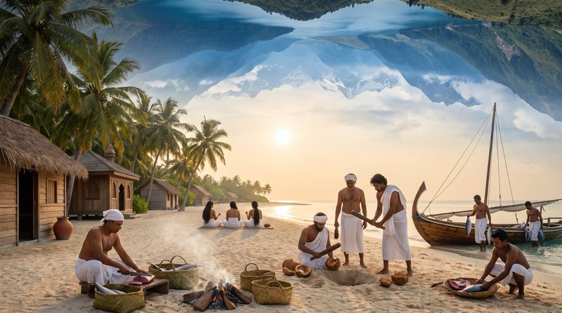 An island shore in the 1340s: men in plain white cloths smoking tuna in palm-leaf baskets and beating coconut husks for cord, a boat with fish, wooden houses and a small mosque under palms.
