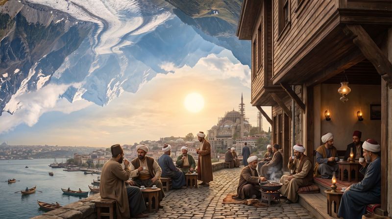 An Istanbul coffeehouse about 1555, men of many communities on low benches, the Süleymaniye under construction on the hill.