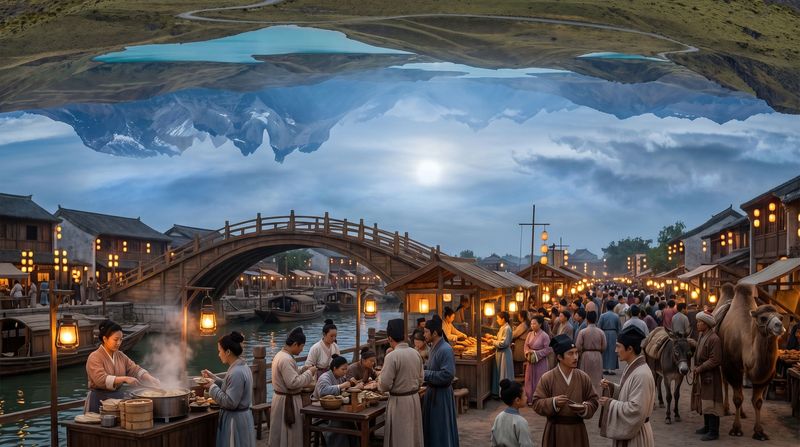 The Kaifeng night market along a canal with an arched bridge, steaming food stalls and lanterns.