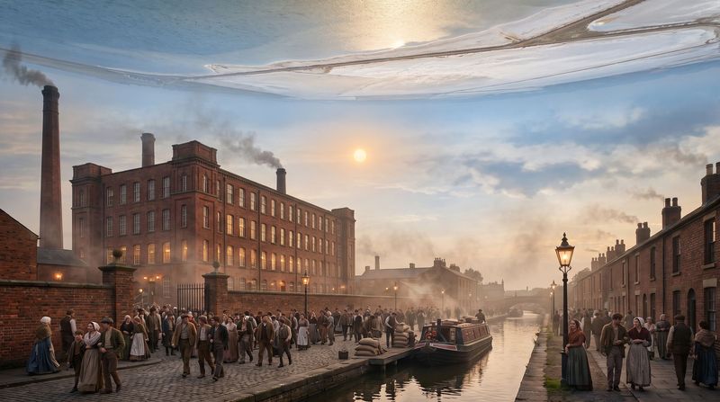 A Manchester cotton mill gate at dusk in 1844, gaslit windows, chimneys and a canal, workers walking home.