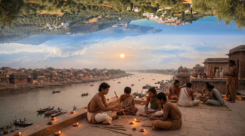 A rooftop in Pataliputra at dusk where a young astronomer and students mark the rising stars, the Ganges below.