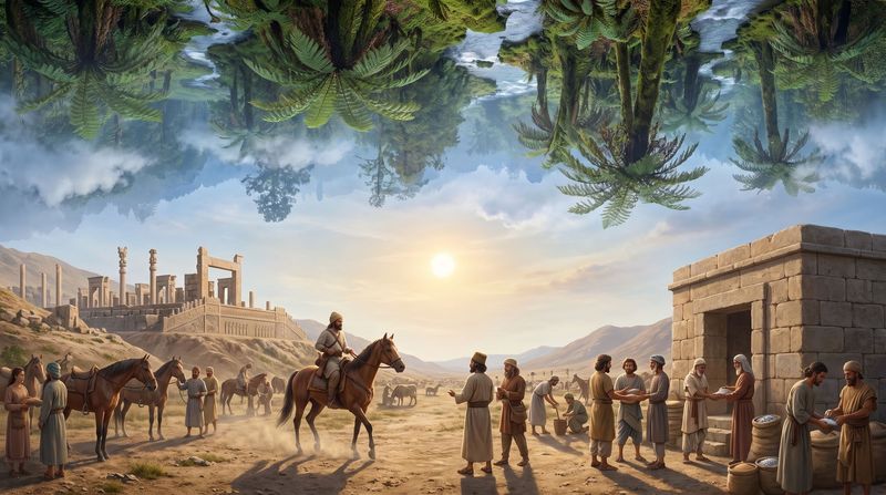 A Royal Road station with fresh horses, and the half-built columns of Persepolis where workers of many nations collect rations.
