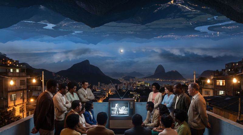 Neighbours on a Rio rooftop near midnight crowded around a black-and-white television showing the first steps on the Moon.