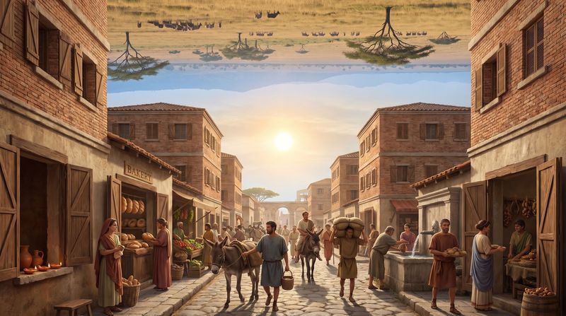 A Roman street about 100 CE: apartment blocks above shops, a fountain fed by an aqueduct, people of many origins in tunics, donkeys and porters.