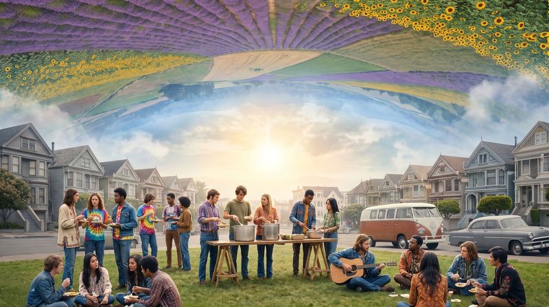 A San Francisco park in summer 1967, volunteers serving free food, someone playing guitar, painted wooden houses beyond.