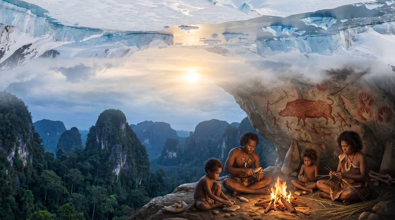 A family around a fire at the mouth of a forested limestone cave at dusk, a red painting of a pig and hand stencils on the rock above.