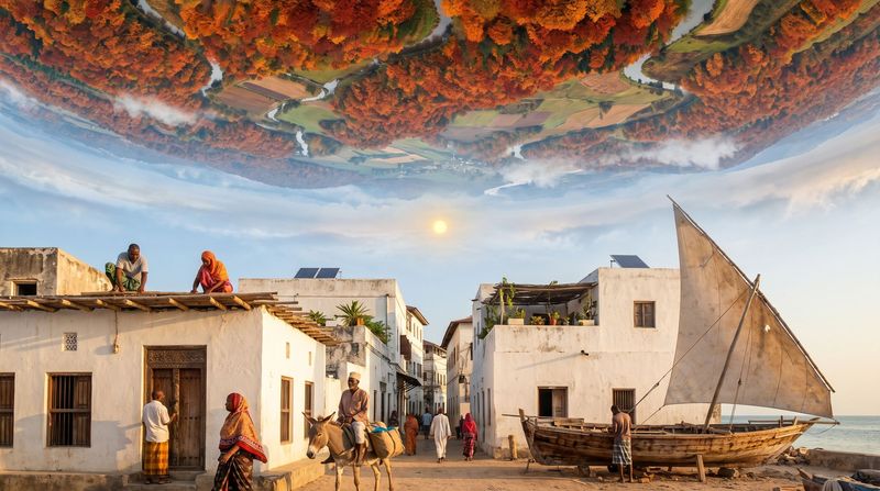 A coral-stone town on the Swahili coast in golden light, rooftop gardens with small solar panels and dhows coming into harbour.