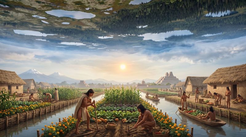 Chinampa gardens of maize and marigolds between canals with dugout canoes, the great pyramid and volcanoes in the morning haze.