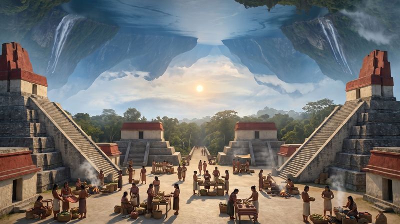 The plastered market plaza of Tikal with painted temple platforms, women selling maize drink and woven cloth.
