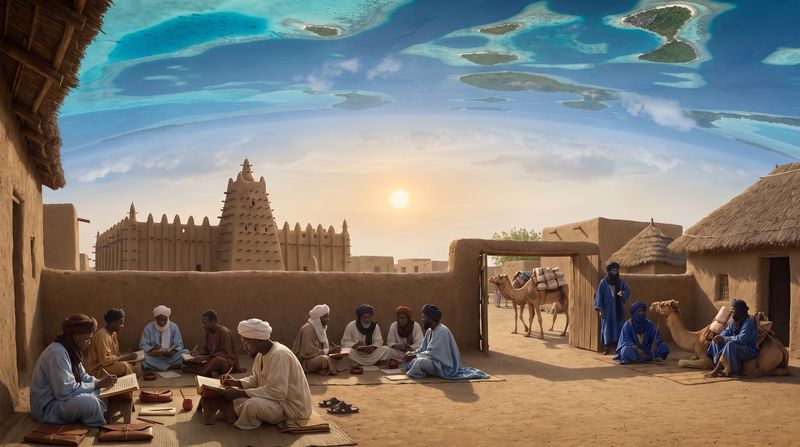 Scholars copying manuscripts in the shaded courtyard of an earth-built house, the earthen mosque beyond and a salt caravan resting at the gate.