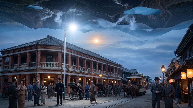 Ginza at dusk in 1882, a crowd in kimono and bowler hats looking up at the first electric street lamp beside brick colonnades, gas lamps and a horse tram.