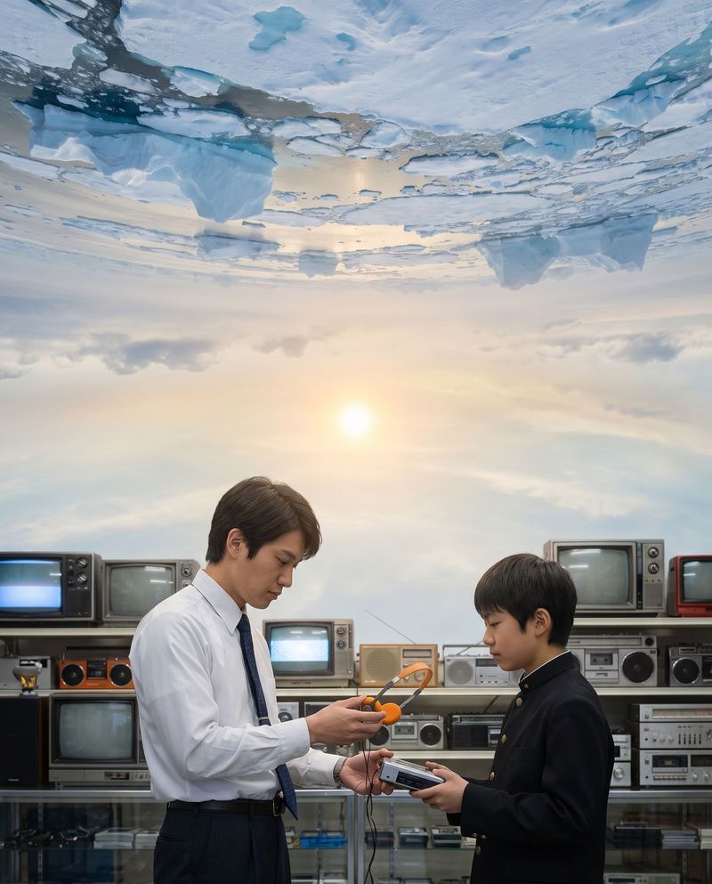 A shop clerk handing a schoolboy headphones to try a portable cassette player.