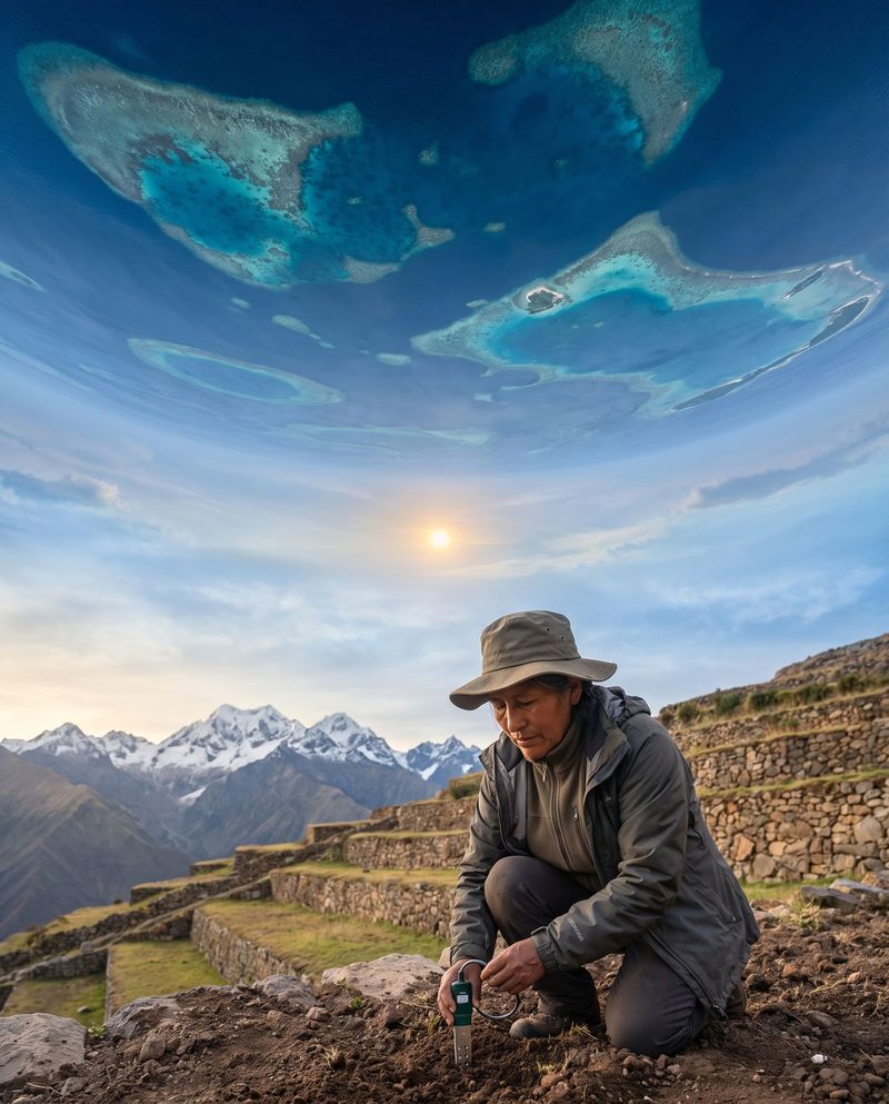 An agronomist in a brimmed hat checking soil on a restored stone terrace, snow peaks behind.