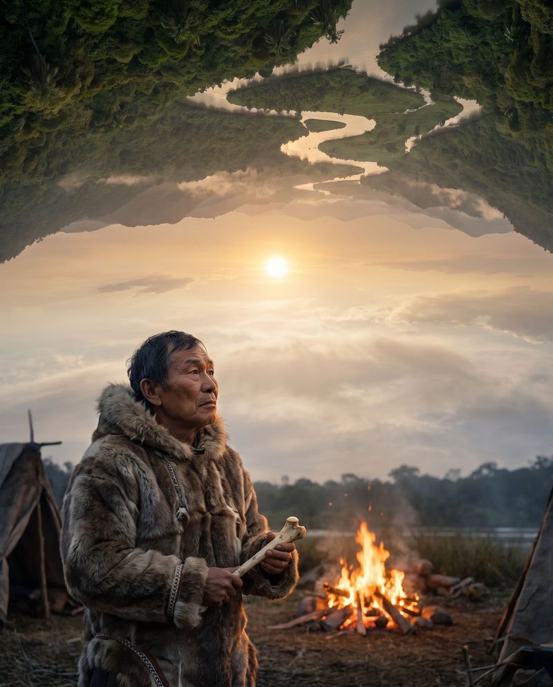 An elder in a fur parka at the edge of camp reading the evening sky, a hearth burning behind him.