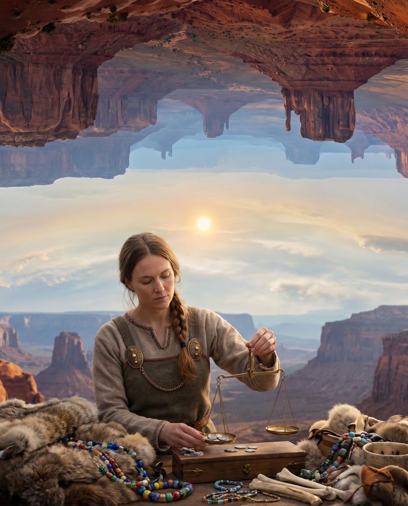 A Norse woman trader weighing silver on a folding balance at her harbour stall.