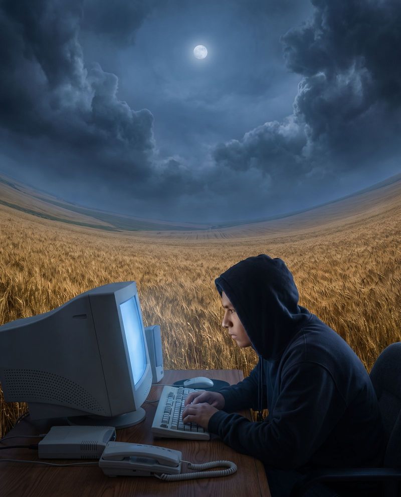 A teenager at a family computer with a glowing CRT monitor in a den at night.