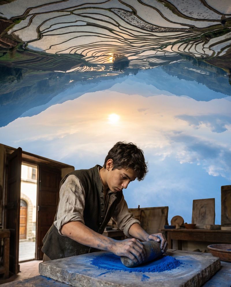 A young apprentice grinding blue pigment on a stone slab in a Florentine workshop.