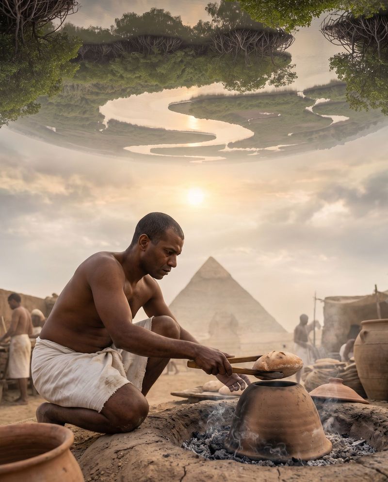An Egyptian baker lifting a round loaf from a clay bread pot at the builders' town.