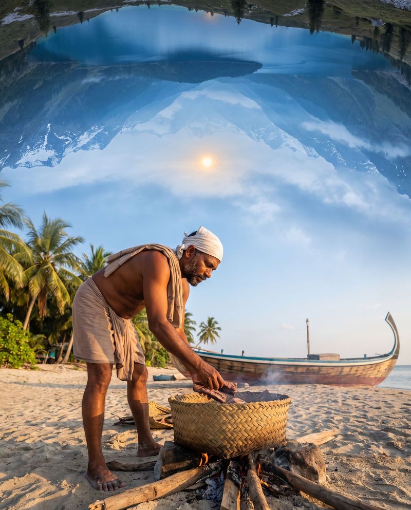 An island fisherman laying tuna into a palm-leaf basket over a smoking fire on the beach.
