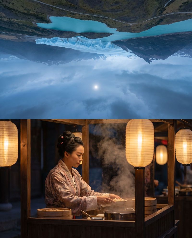 A woman serving dumplings from a steaming stall at the Kaifeng night market.
