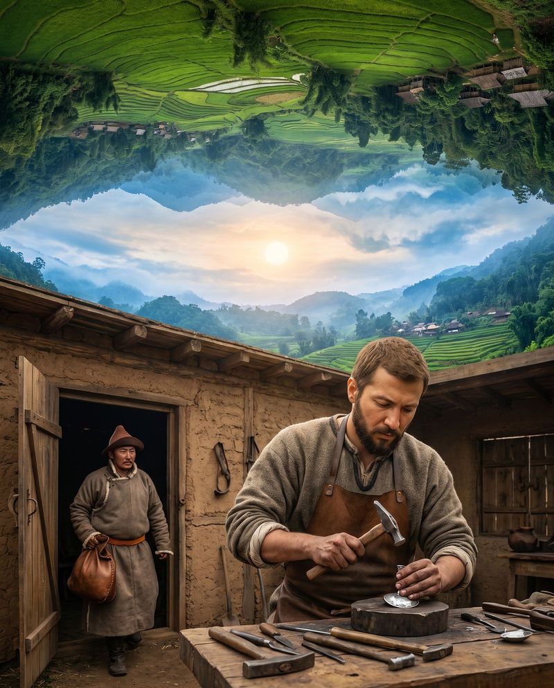 A Persian silversmith at his bench in Karakorum as a herder brings mare's milk.