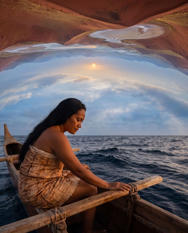 A woman voyager at the stern of a double-hulled canoe at dusk, reading the swell.