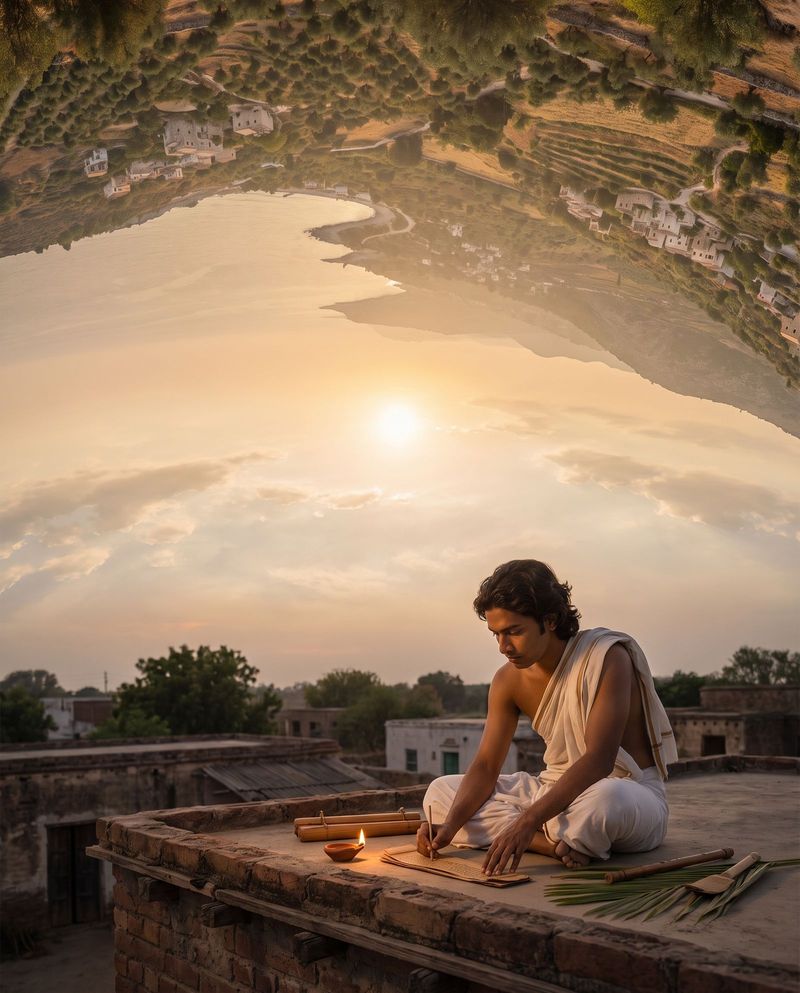 A young astronomer marking star positions on a palm leaf by an oil lamp on a rooftop.