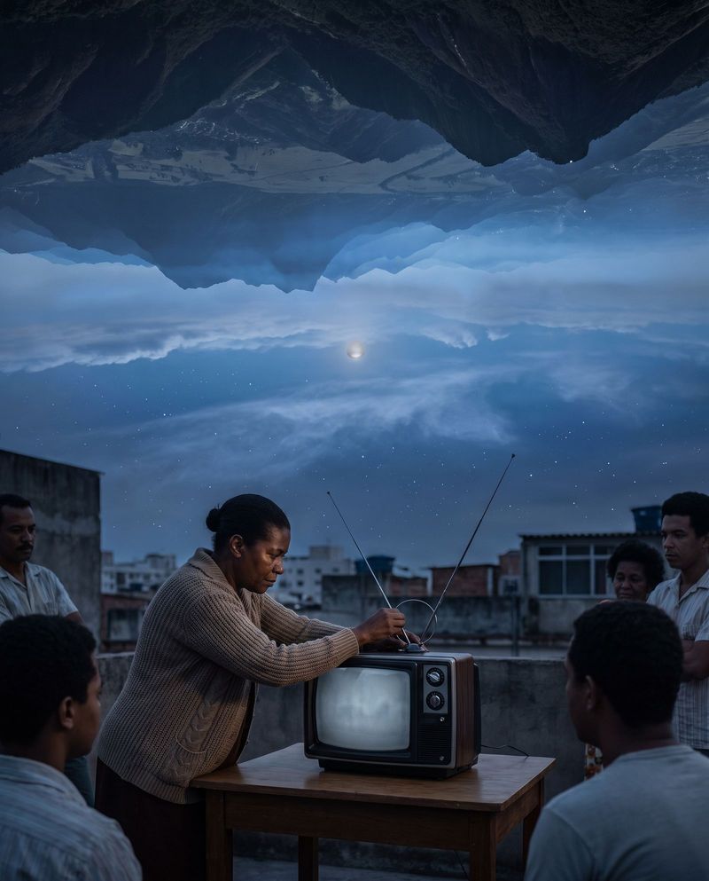 A woman adjusting the antenna of her black-and-white television on a rooftop as neighbours gather.