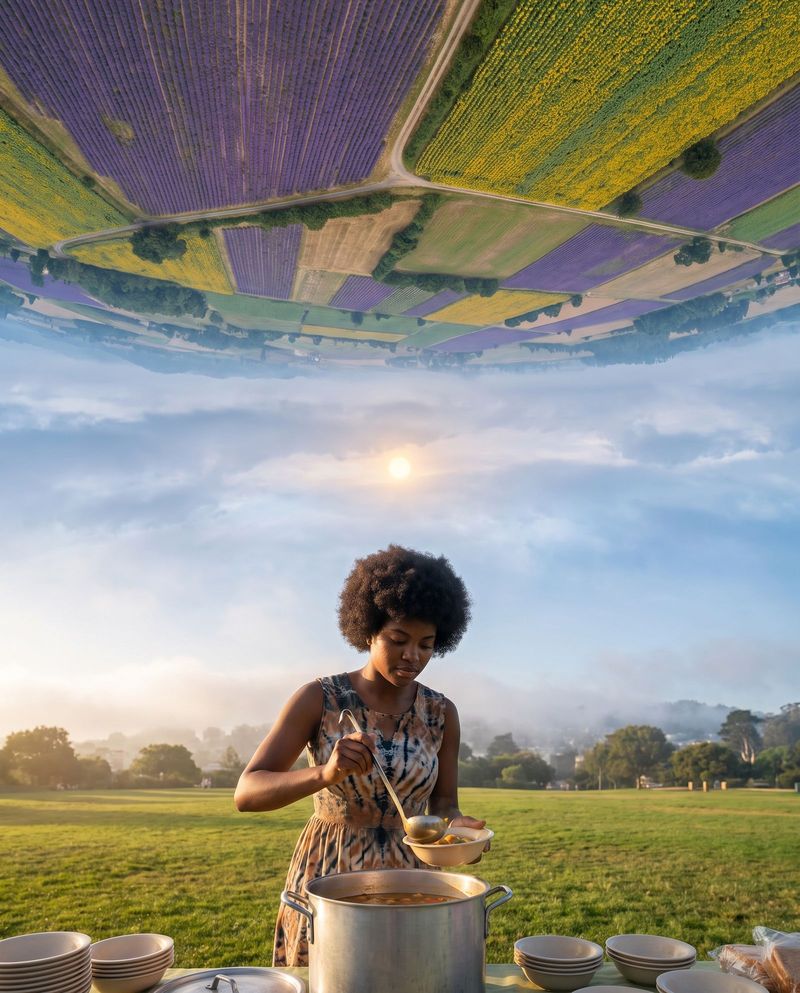 A young volunteer ladling soup at a free-food table in a San Francisco park.
