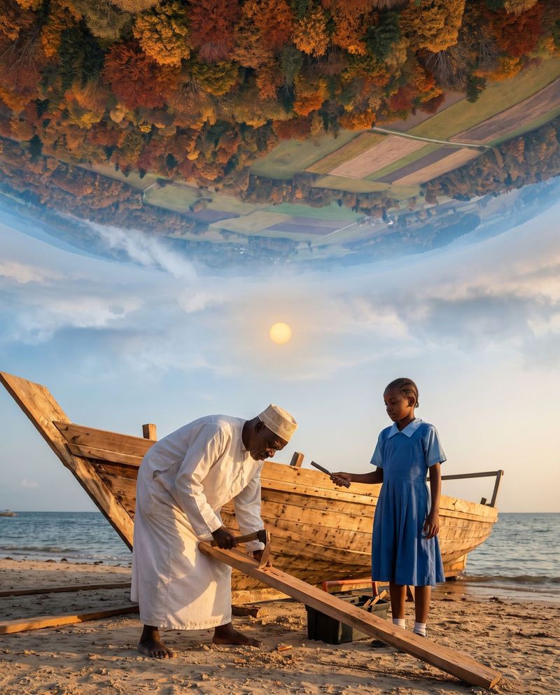 An elderly boatbuilder shaping a dhow plank on the shore while his granddaughter hands him a tool.