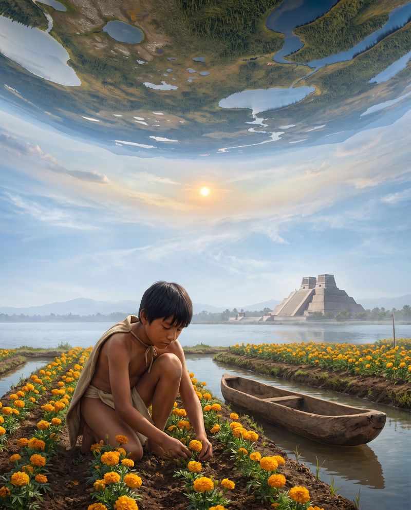 A boy tending marigolds on a chinampa beside a dugout canoe, the city across the lake.