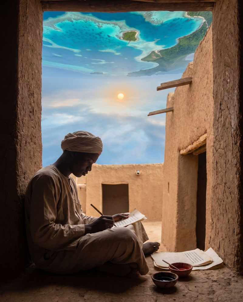 A young copyist in a robe and turban writing in black and red ink on loose folios in a shaded doorway.