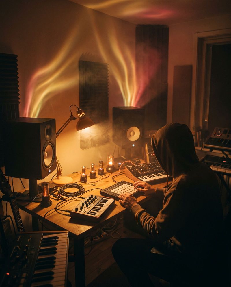 A producer in a dim studio at night, a soft ripple of light rising from the monitors.