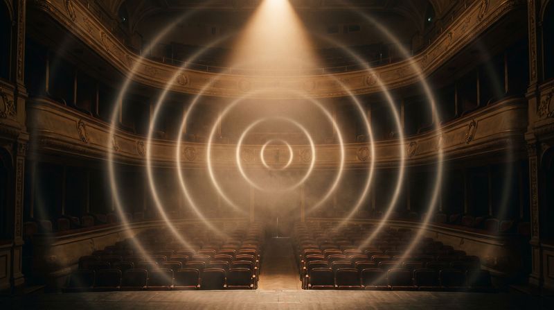An empty concert hall from the stage, haze in the air and soft ripples of light crossing the seats.