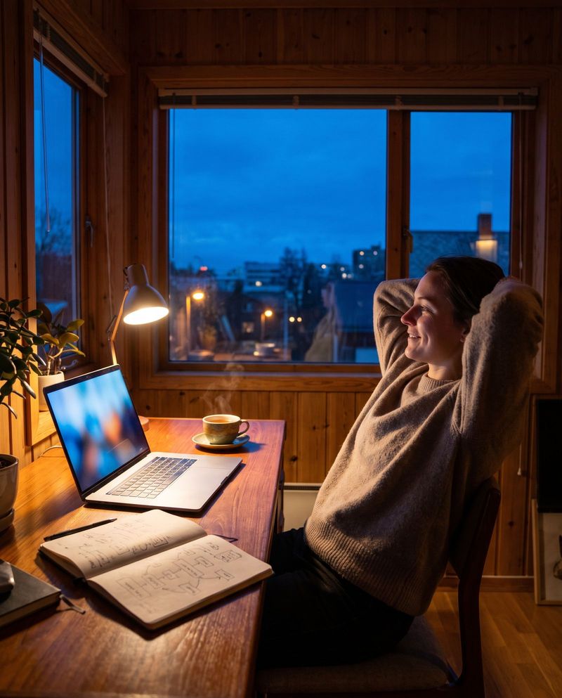 A developer at a tidy desk by a window at dusk, a notebook with a hand-drawn diagram.